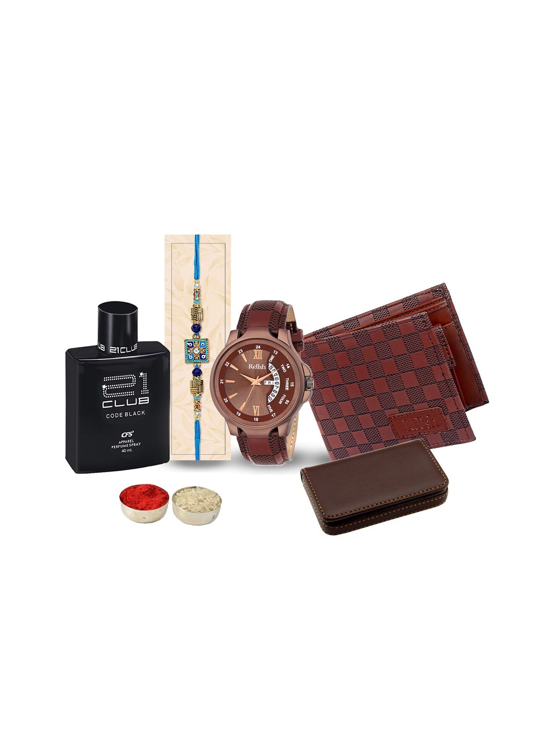 

Relish Rakhi With Watch And Wallet, Cardholder, Perfume Combo Gift Set, Brown