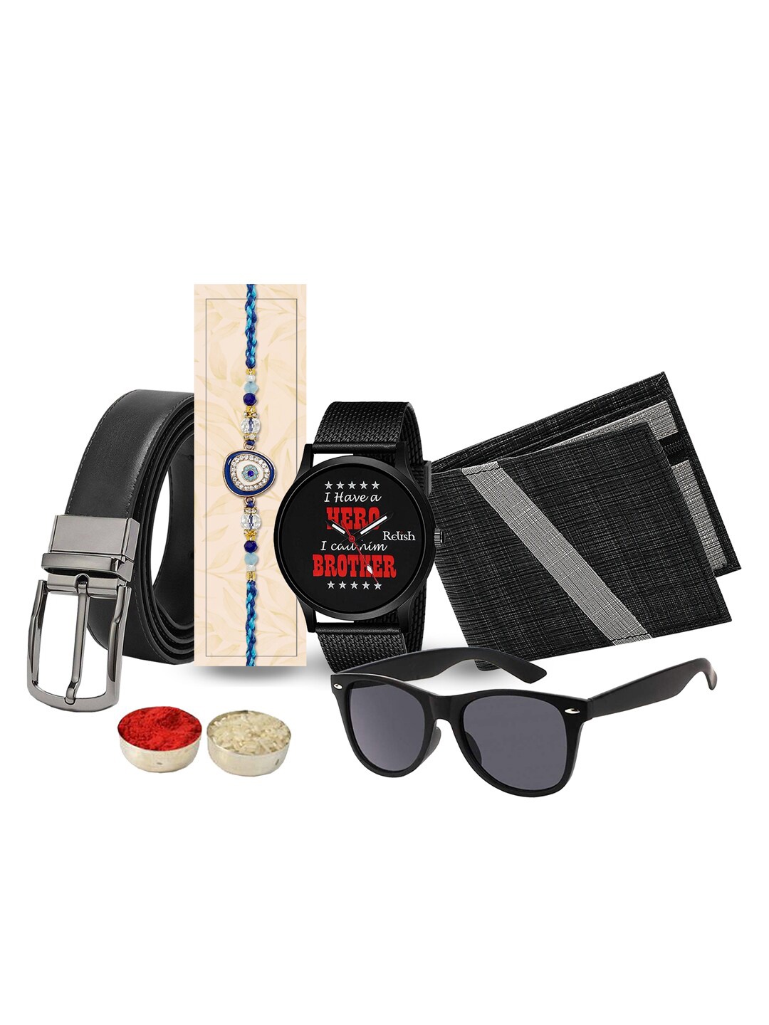 

Relish Men Rakhi Watch Wallet Sunglass & Belt With Gift Hamper Box, Black