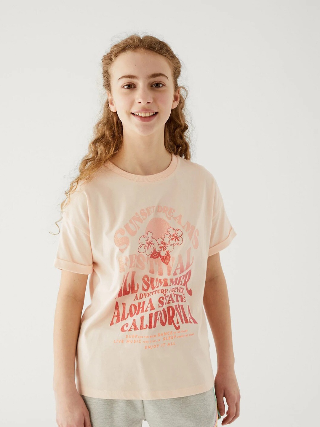 Marks & Spencer Girls Typography Printed Cotton T-shirt, Peach