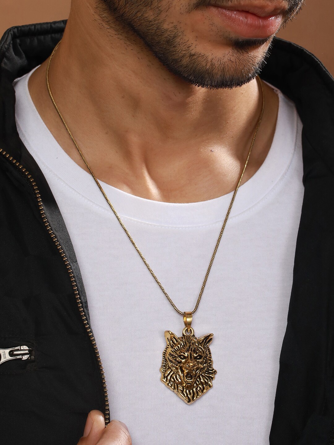 

Priyaasi Men Gold-Plated Roaring Lion Pendant Chain