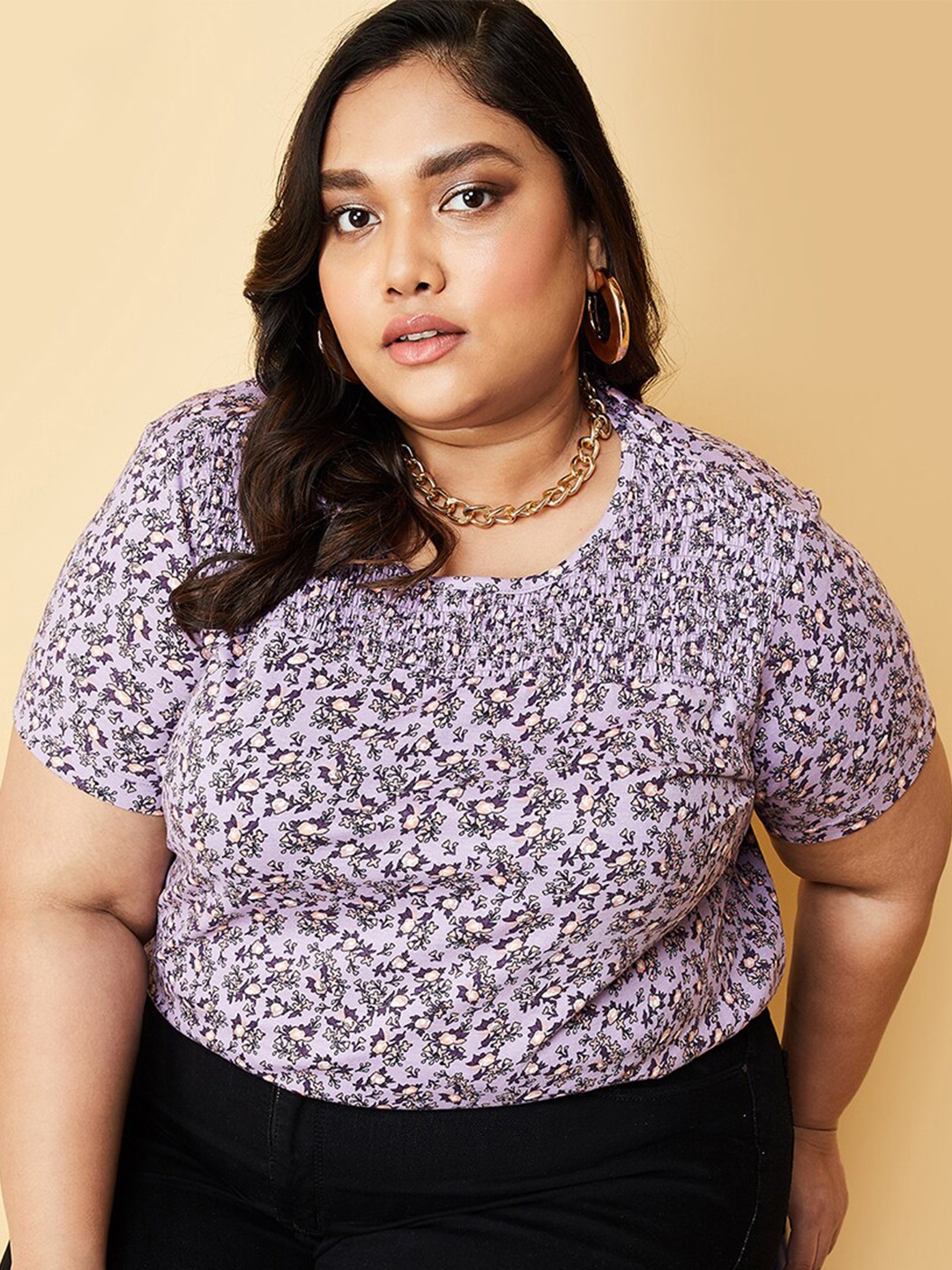 

max Plus Size Floral Print Cotton Top, Purple