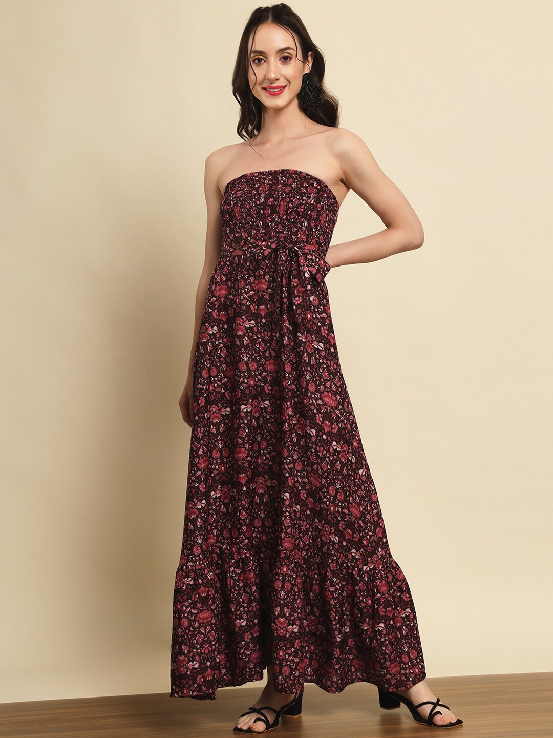 

Trend Arrest Floral Printed Smocked Strapless Bow Detail Fit & Flare Dress, Black