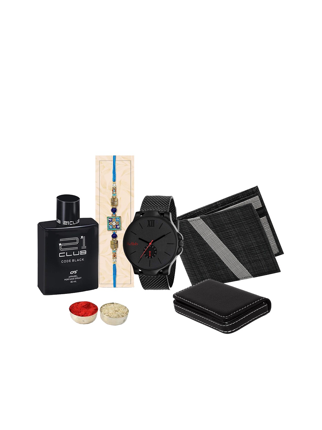 

Relish Men Rakhi Watch Wallet Cardholder & Perfume With Gift Hamper Box, Black