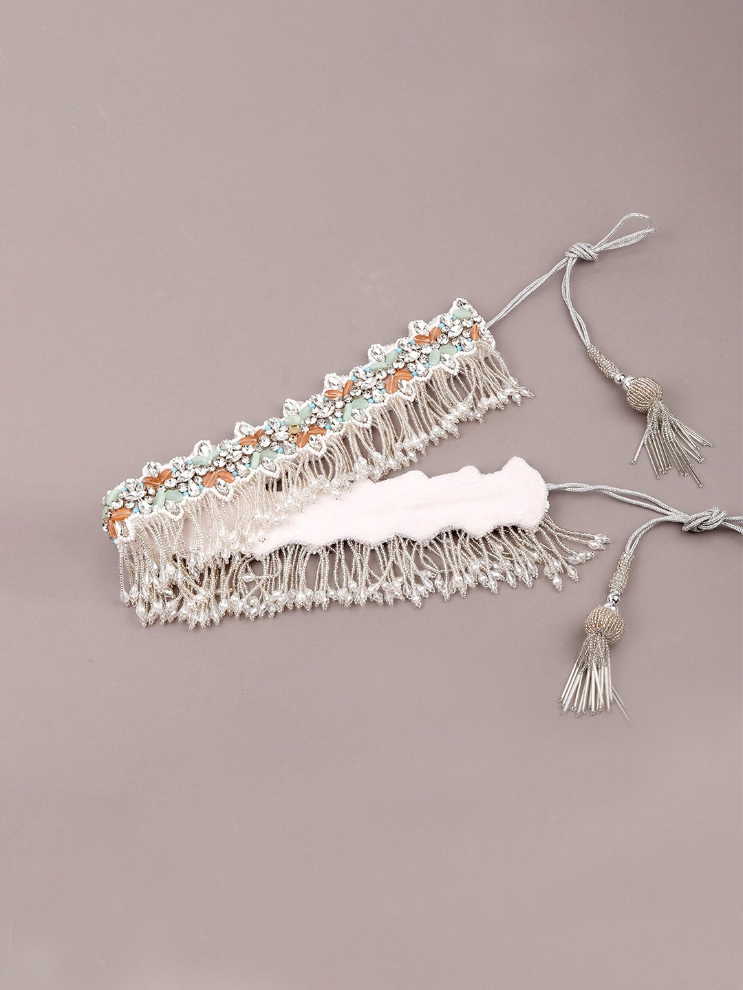

ODETTE Women Embellished Tasseled Stretchable Waist Belt, White