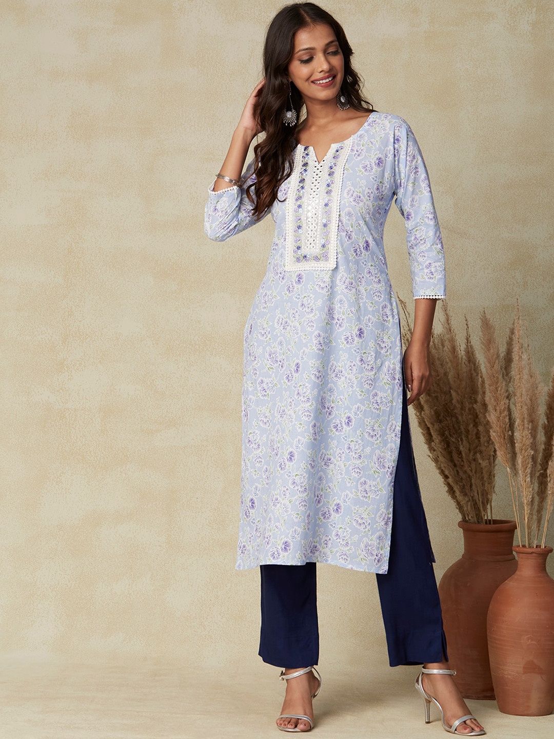 

FASHOR Turquoise Blue Floral Printed Mirror Work Cotton Straight Kurta