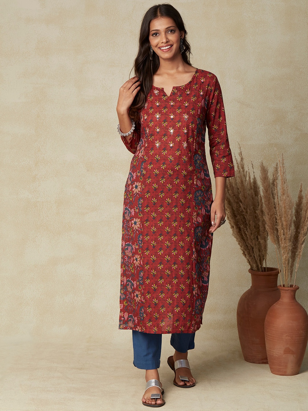 

FASHOR Rust & Yellow Floral Printed Zari Cotton Straight Kurta