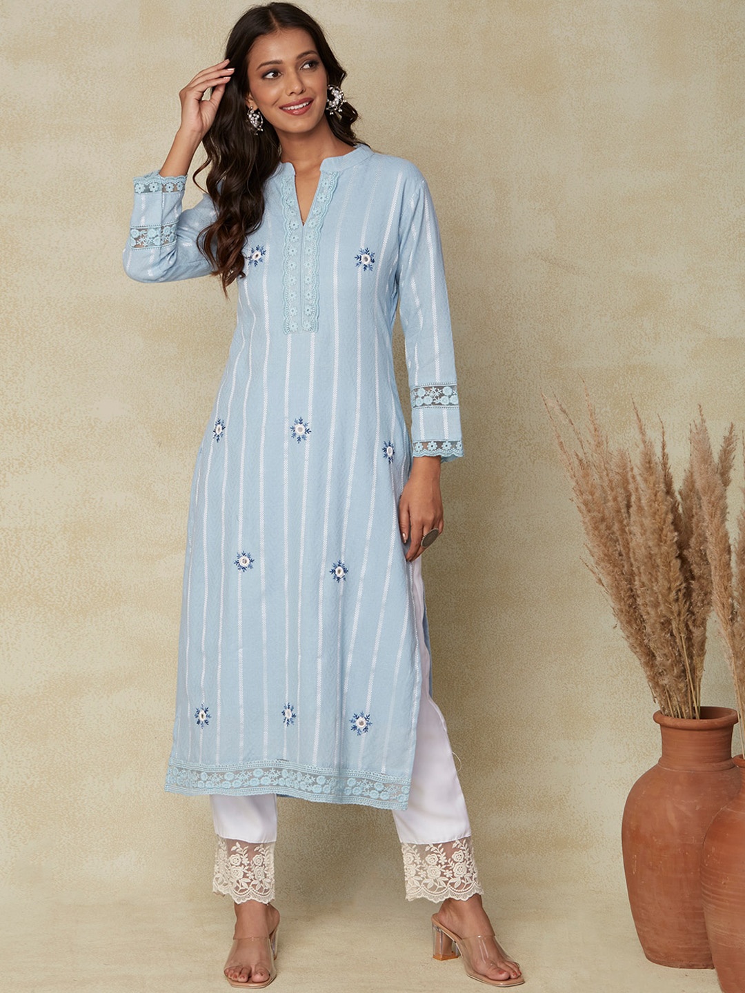 

FASHOR Turquoise Blue & White Striped Mandarin Collar Thread Work Indigo Straight Kurta