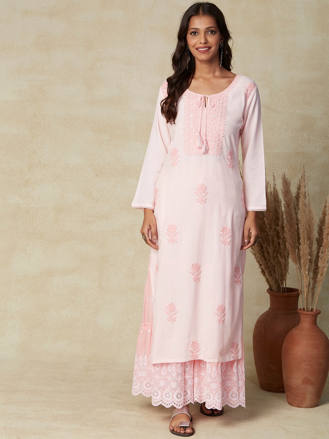 

FASHOR Floral Embroidered Tie-Up Neck Sequinned Straight Kurta, Pink