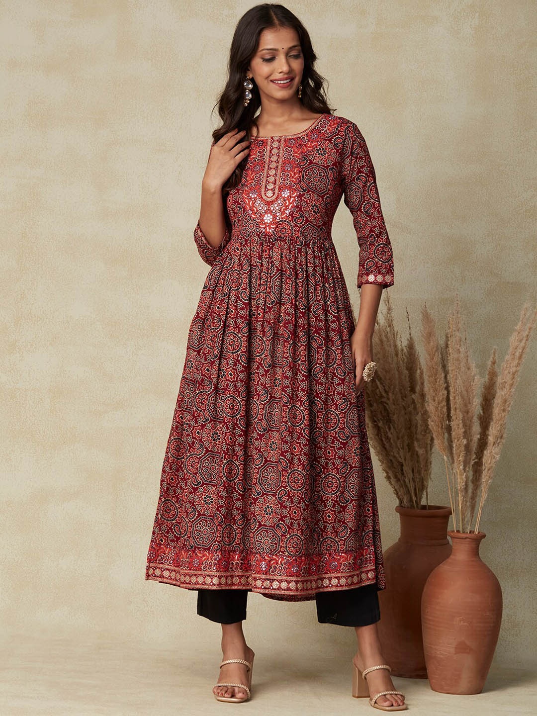 

FASHOR Ethnic Motifs Printed Sequinned Embroidered Cotton A-Line Kurta, Maroon