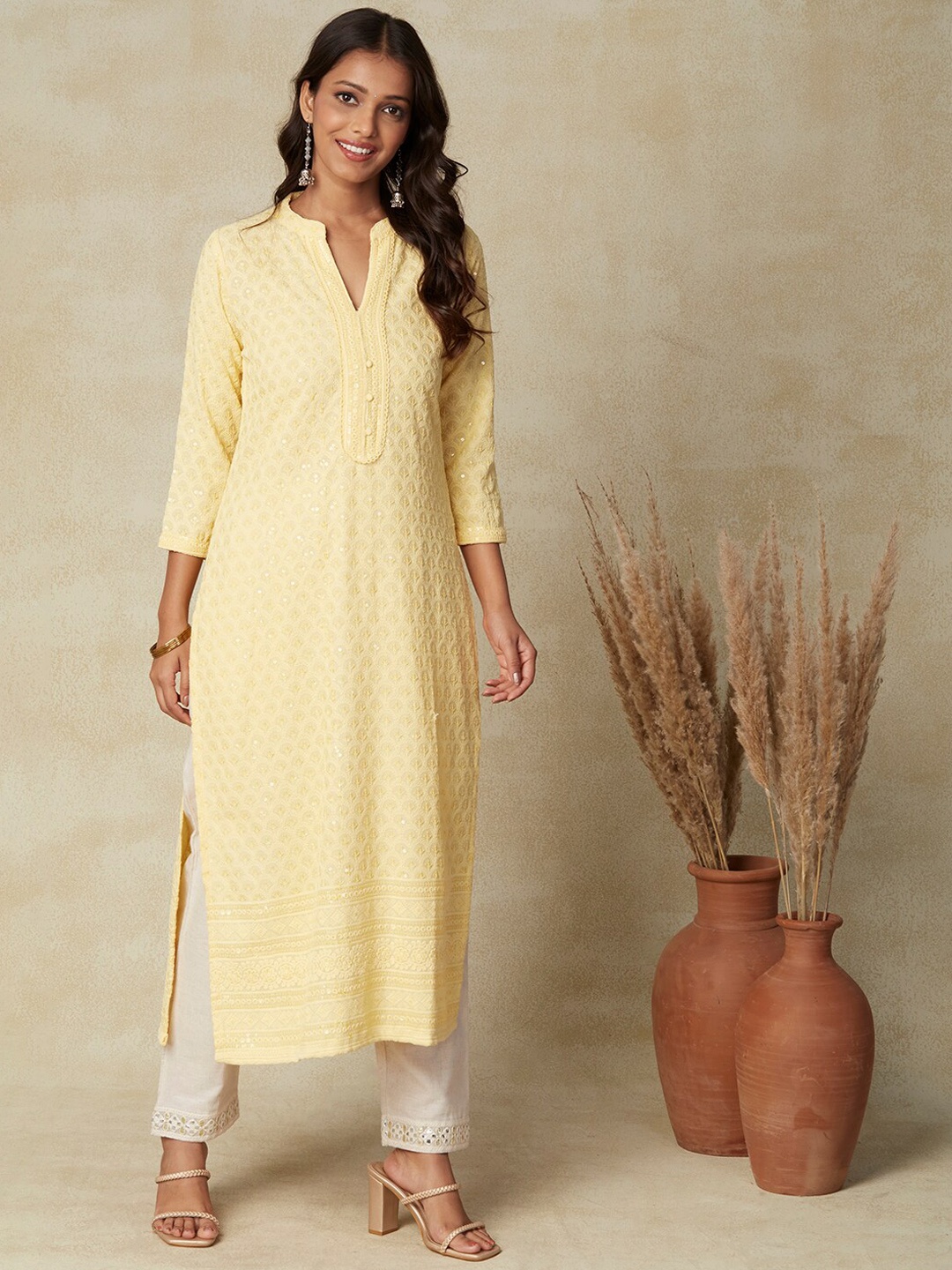 

FASHOR Sequinned Mandarin Collar Cotton Straight Kurta, Yellow