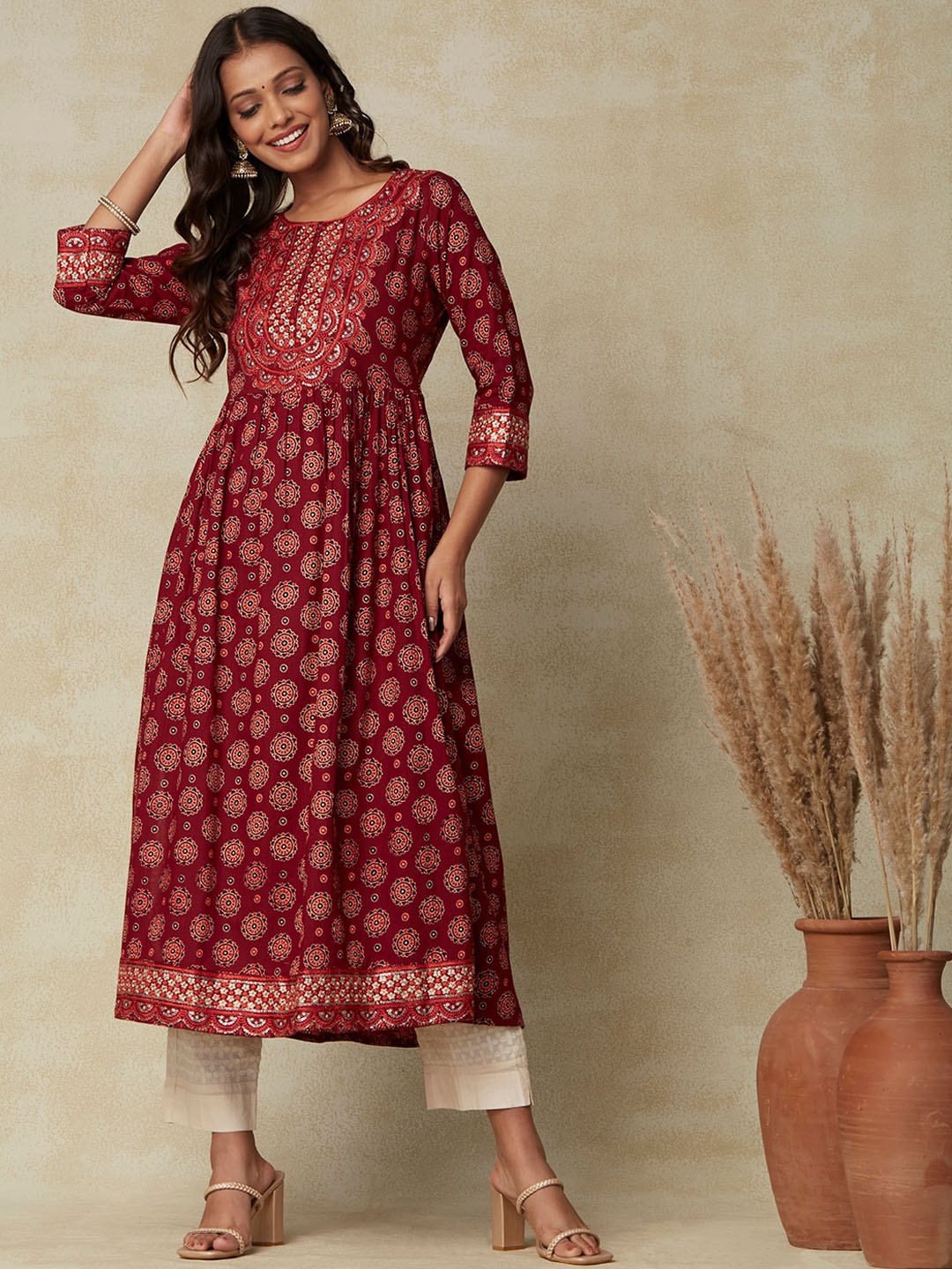 

FASHOR Ethnic Motifs Printed Cotton Anarkali Kurta, Maroon