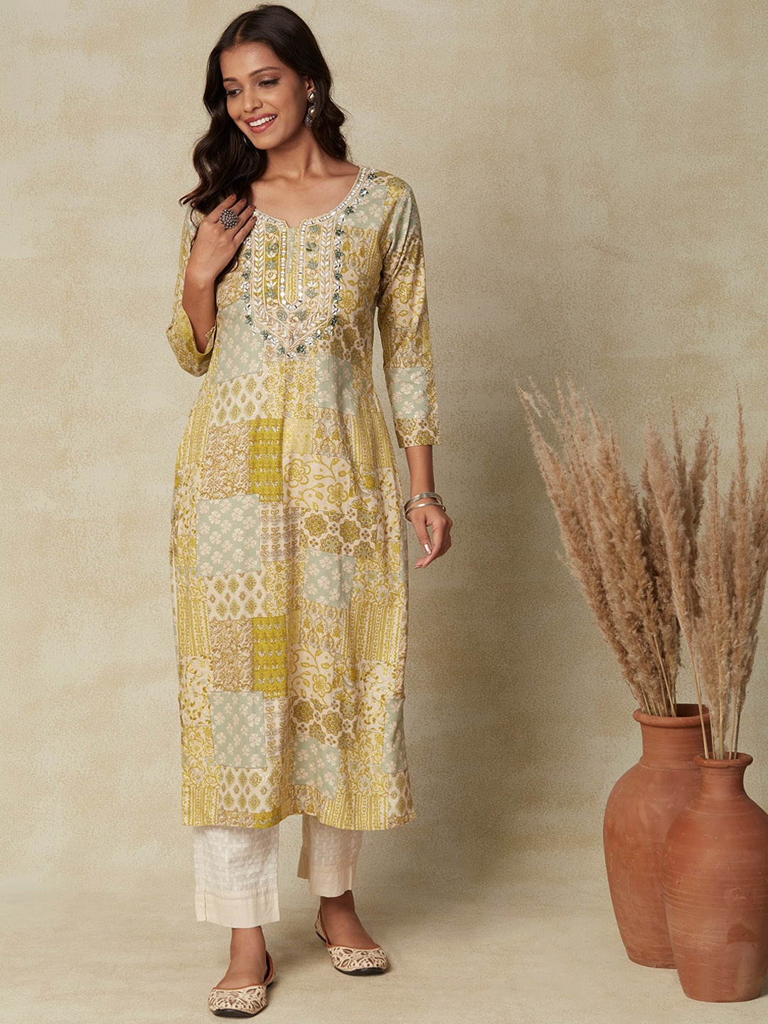 

FASHOR Ethnic Motifs Printed Embroidered Mirror Work Yoke Design Kurta, Green
