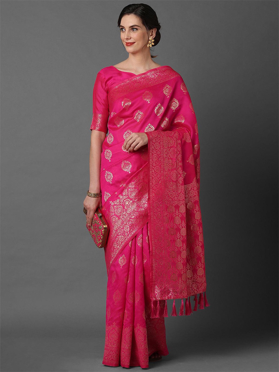 

ODETTE Ethnic Motifs Woven Design Zari Saree, Pink