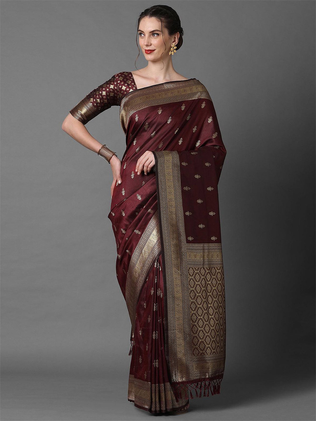 

ODETTE Ethnic Motifs Woven Design Zari Saree, Brown