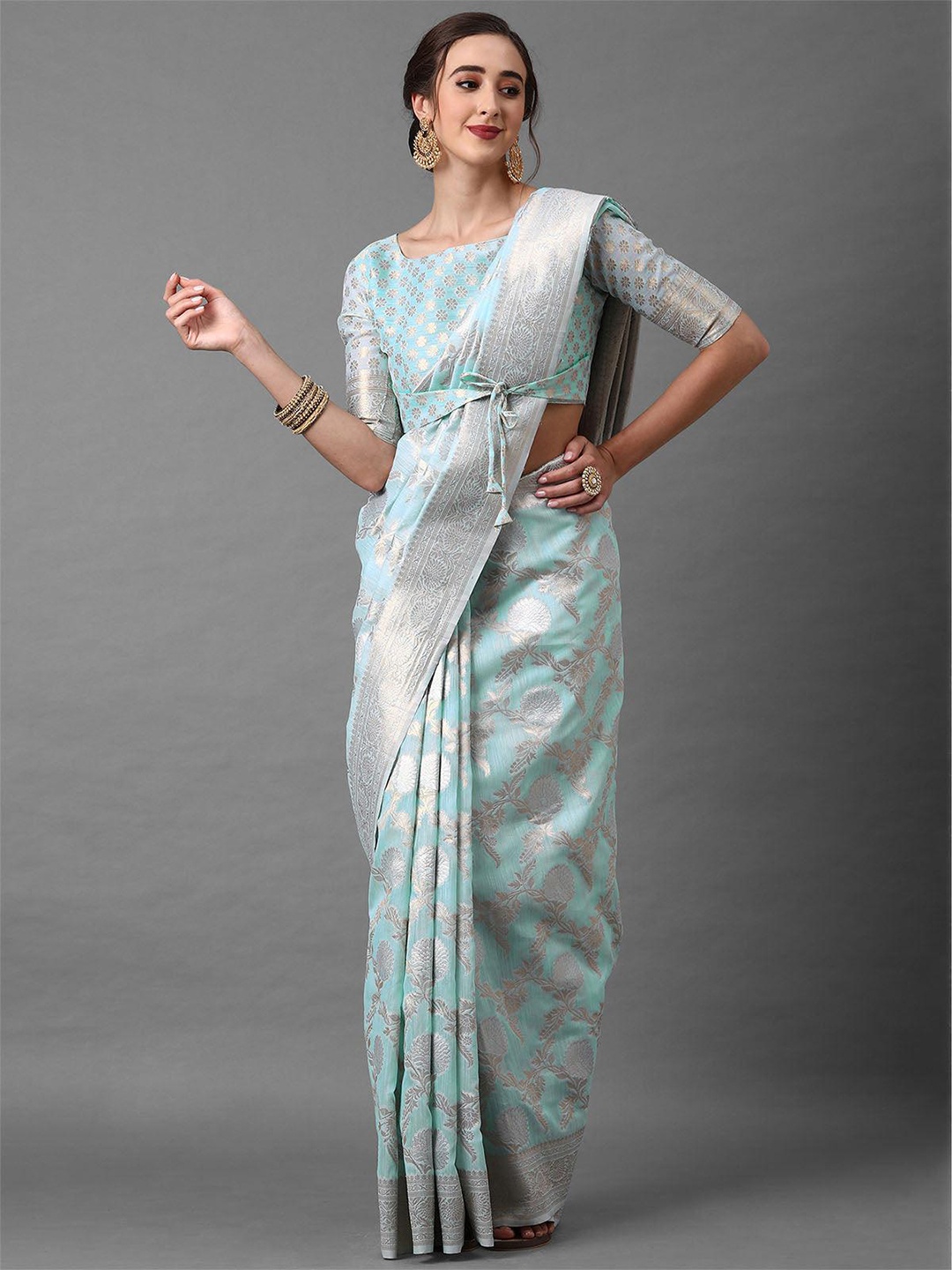 

ODETTE Woven Design Zari Silk Blend Saree, Blue