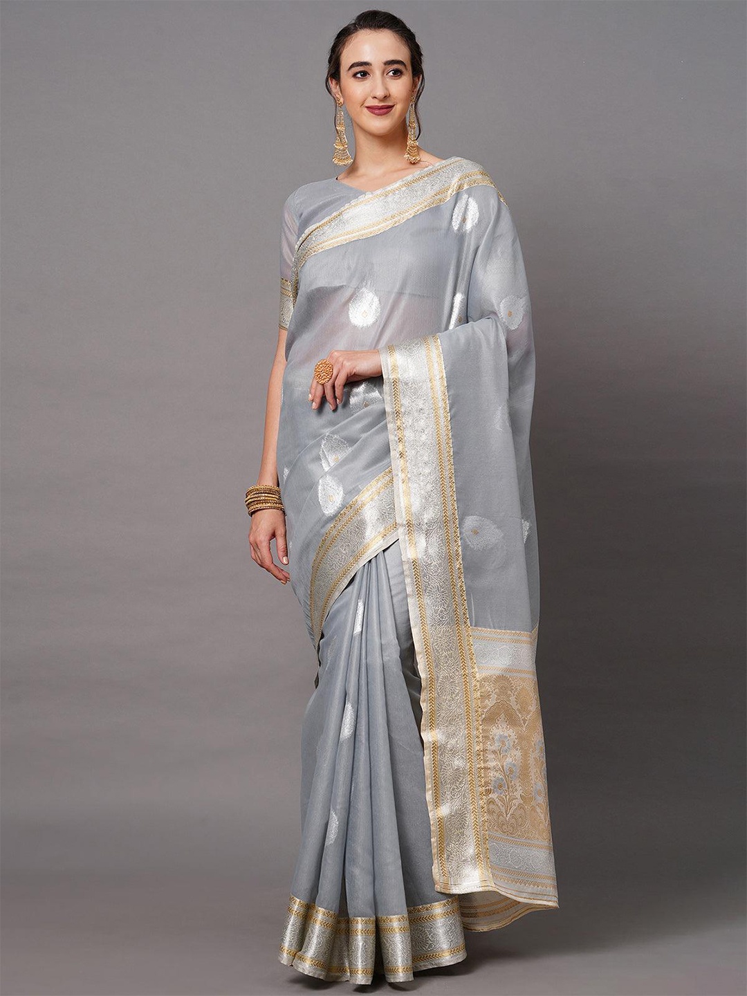 

ODETTE Woven Design Zari Silk Blend Saree, Grey