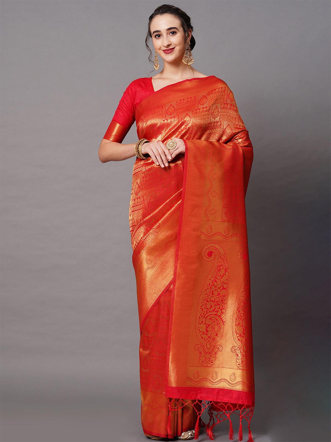 

ODETTE Ethnic Motifs Woven Design Zari Saree, Red