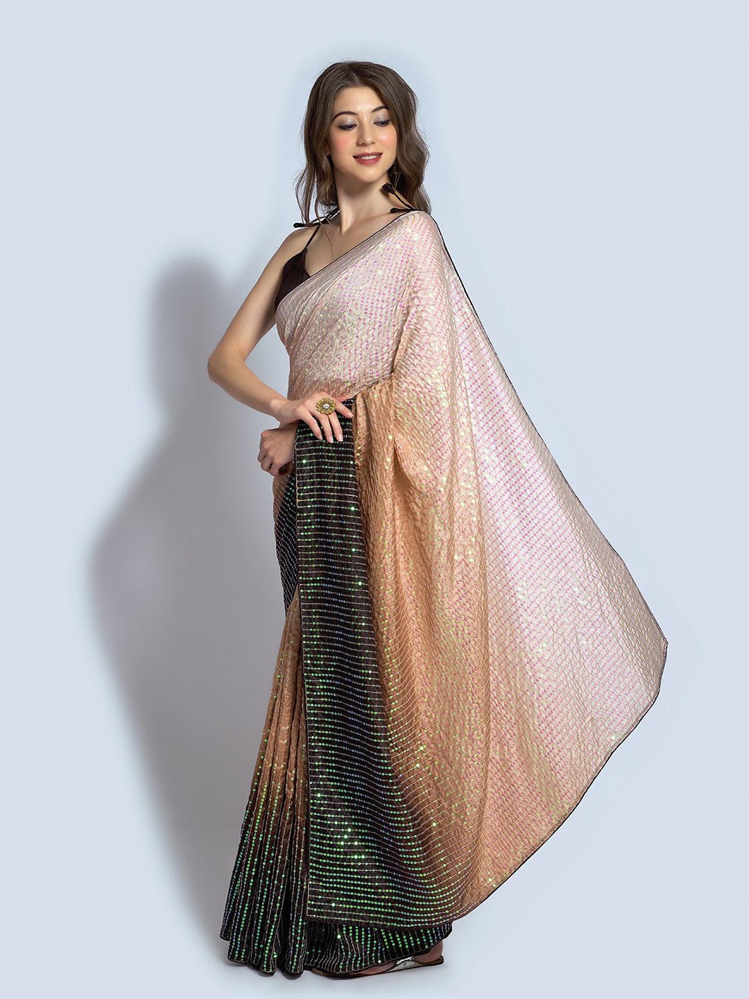 

ODETTE Embellished Sequinned Ombre Saree, Cream