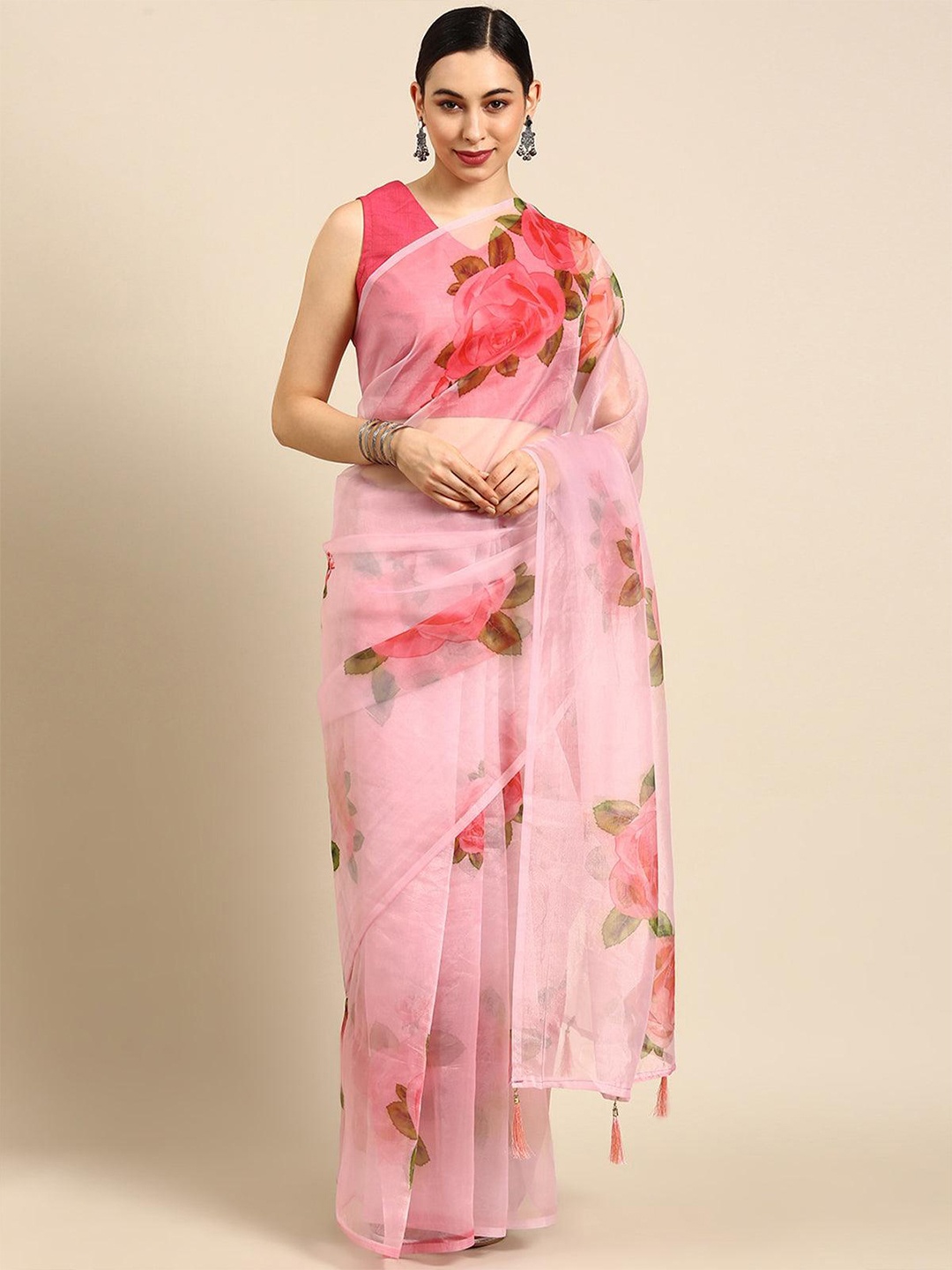 

ODETTE Floral Printed Organza Saree, Pink