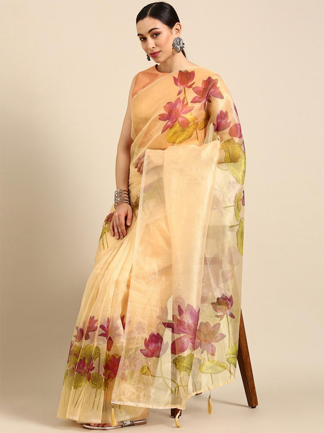 

ODETTE Floral Printed Jute Silk Saree, Beige