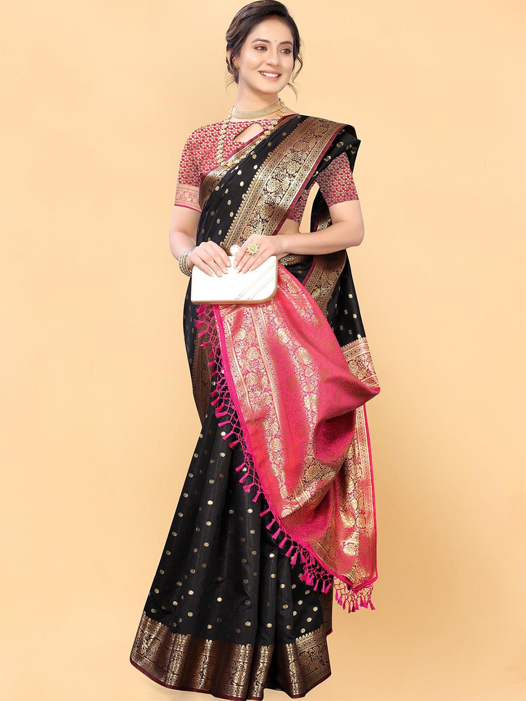 

ODETTE Polka Dots Woven Design Zari Saree, Black