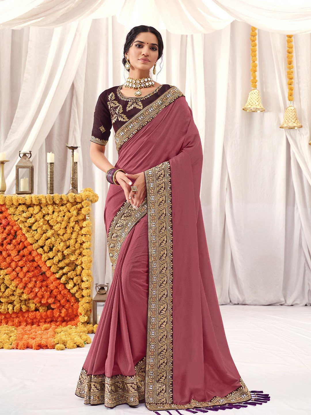 

ODETTE Purple & Gold-Toned Zari Silk Blend Saree
