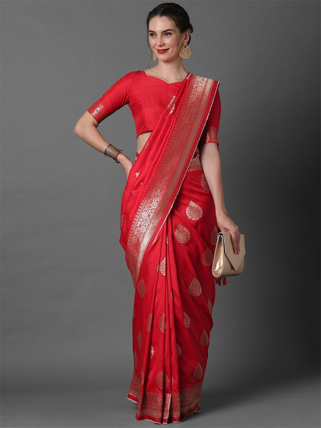 

ODETTE Ethnic Motifs Woven Design Zari Saree, Red