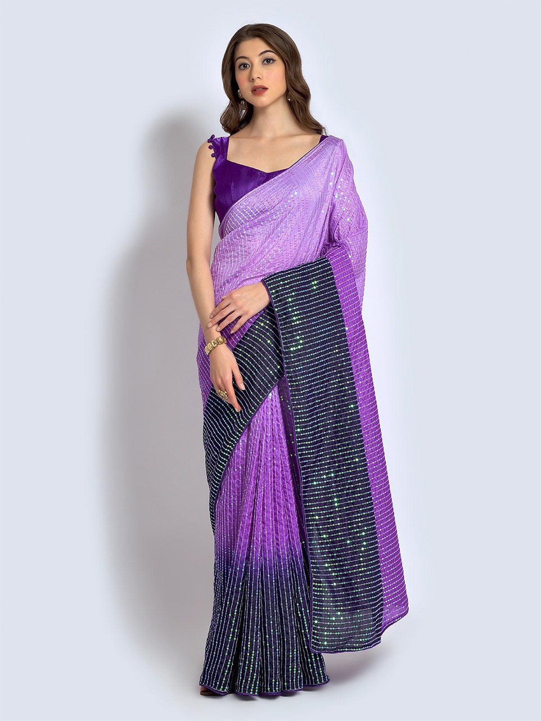 

ODETTE Embellished Sequinned Silk Blend Saree, Purple