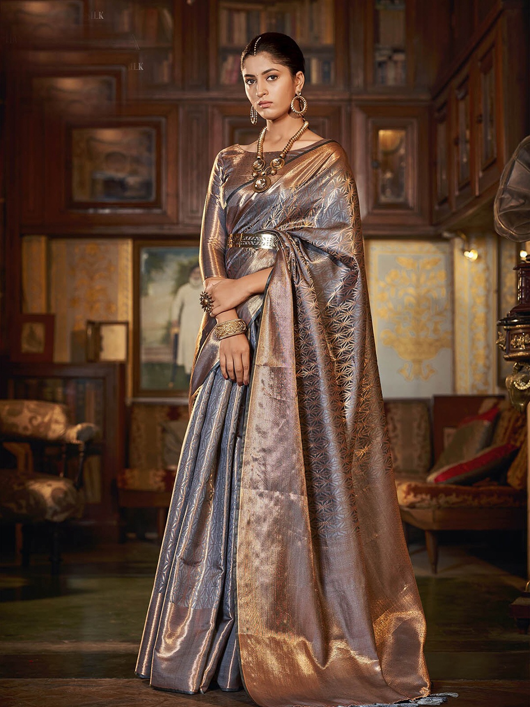 

ODETTE Woven Design Zari Silk Blend Saree, Grey