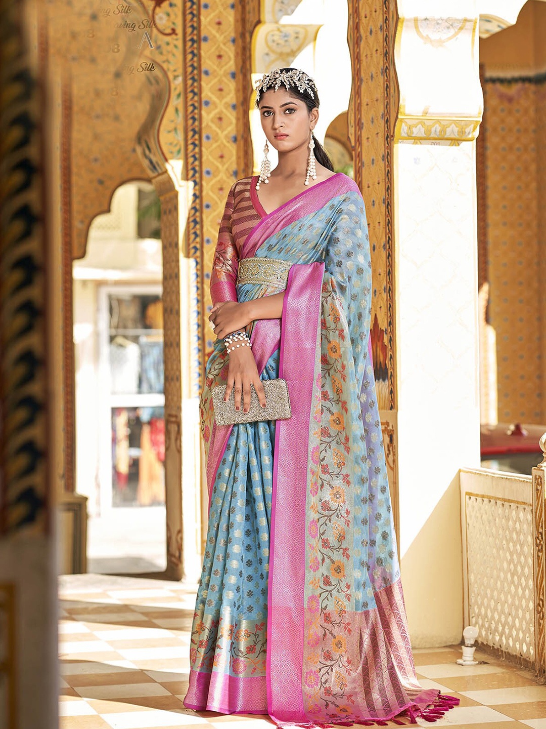 

ODETTE Woven Design Zari Silk Blend Saree, Blue