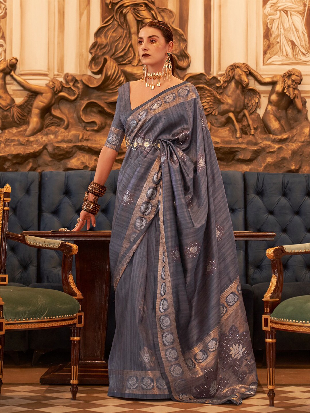 

ODETTE Floral Woven Design Zari Silk Blend Saree, Grey