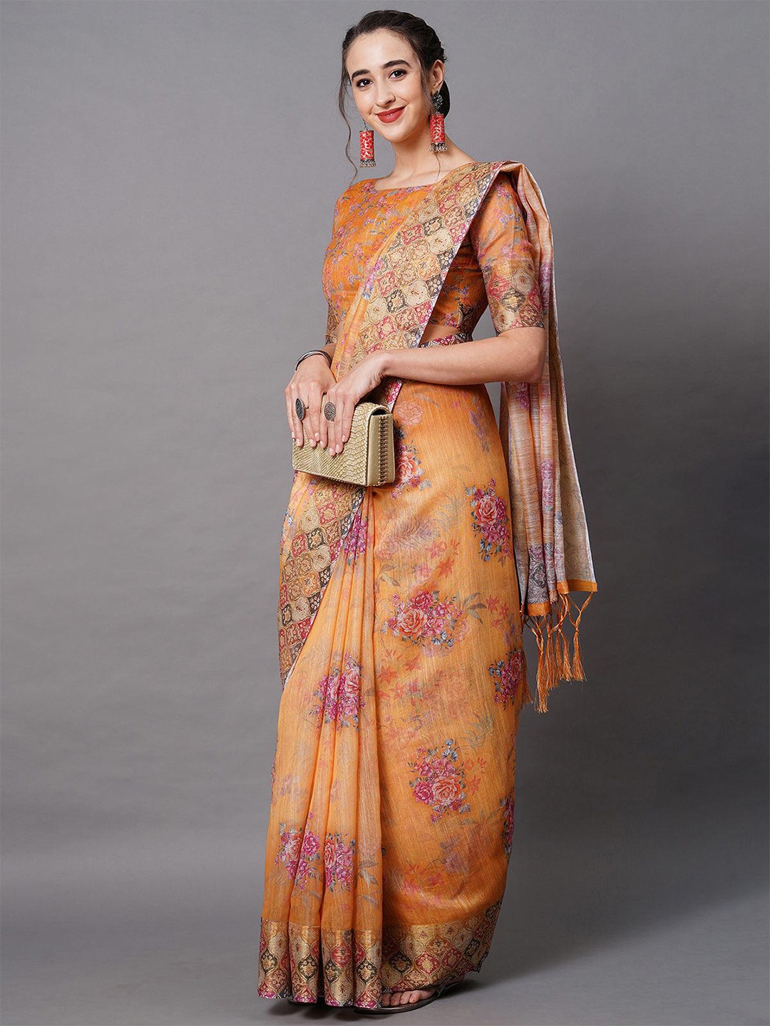 

ODETTE Ethnic Motifs Printed Linen Blend Saree, Mustard