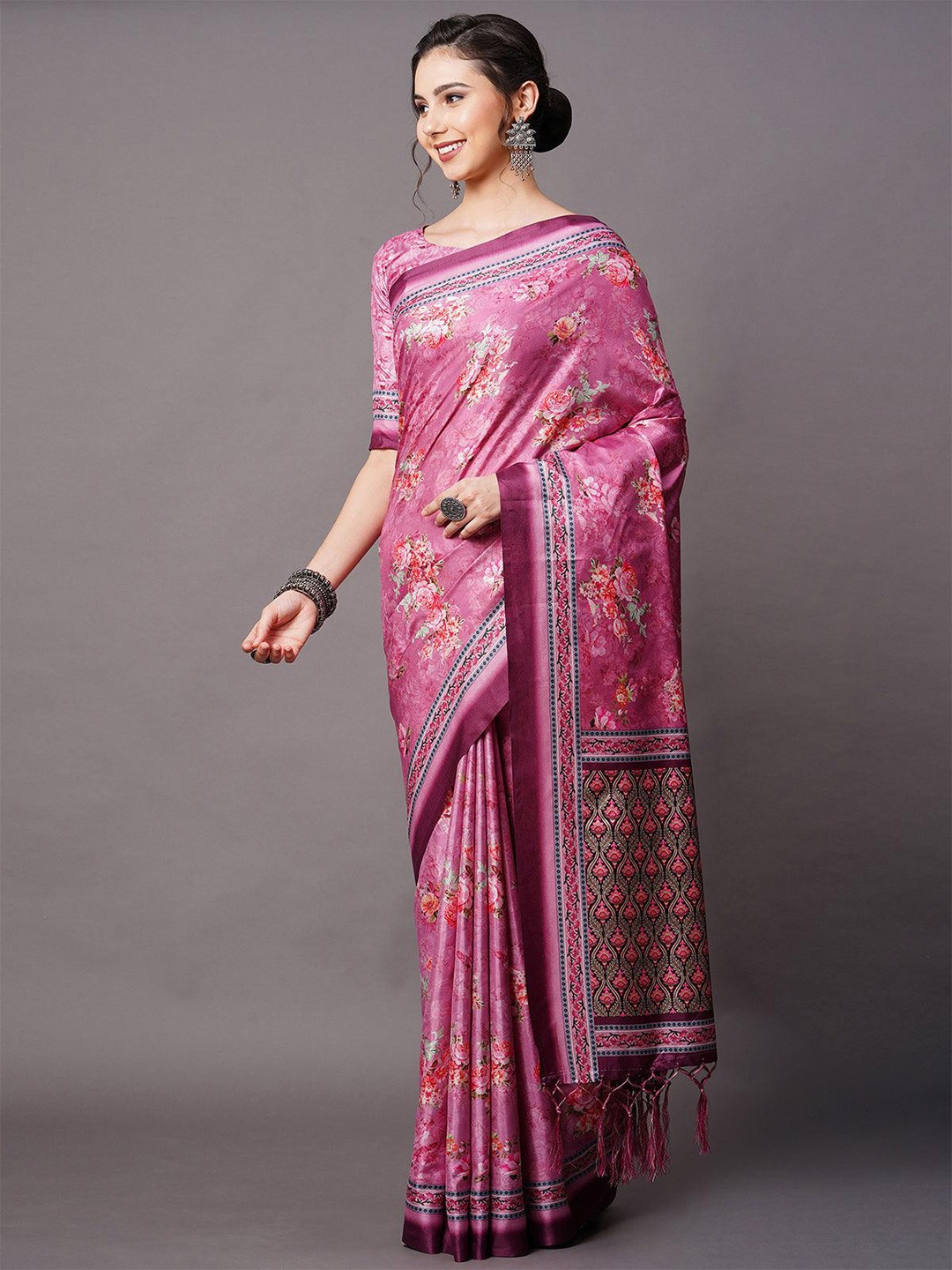 

ODETTE Floral Printed Silk Blend Saree, Purple