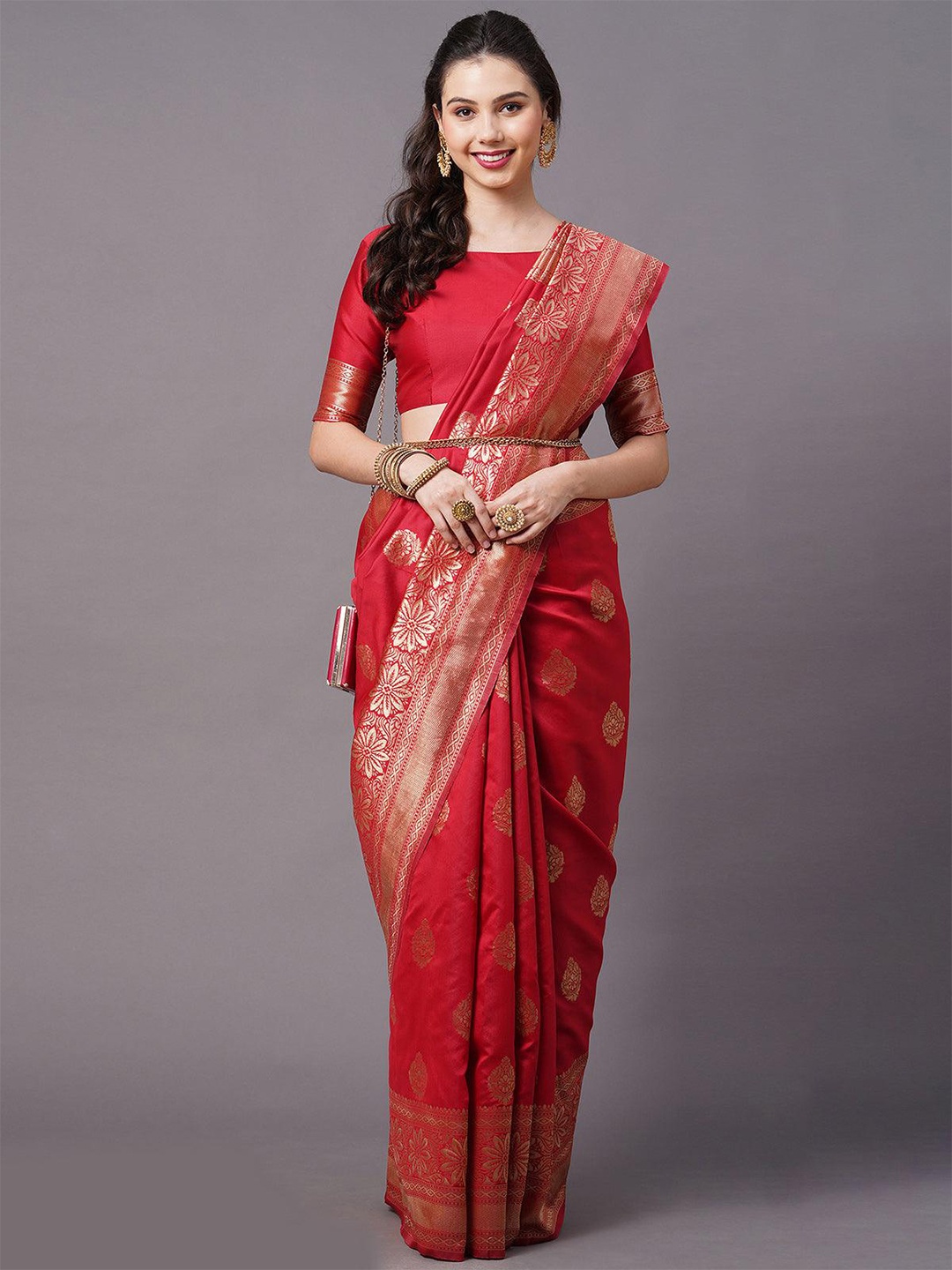 

ODETTE Ethnic Motif Zari Silk Blend Saree With Blouse Piece, Red