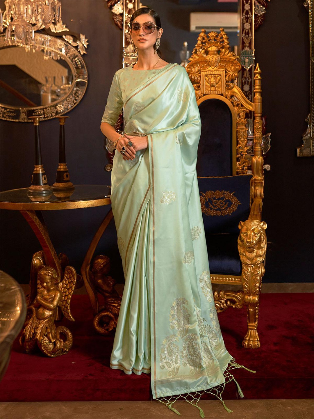 

ODETTE Paisley Woven Design Zari Saree, Sea green