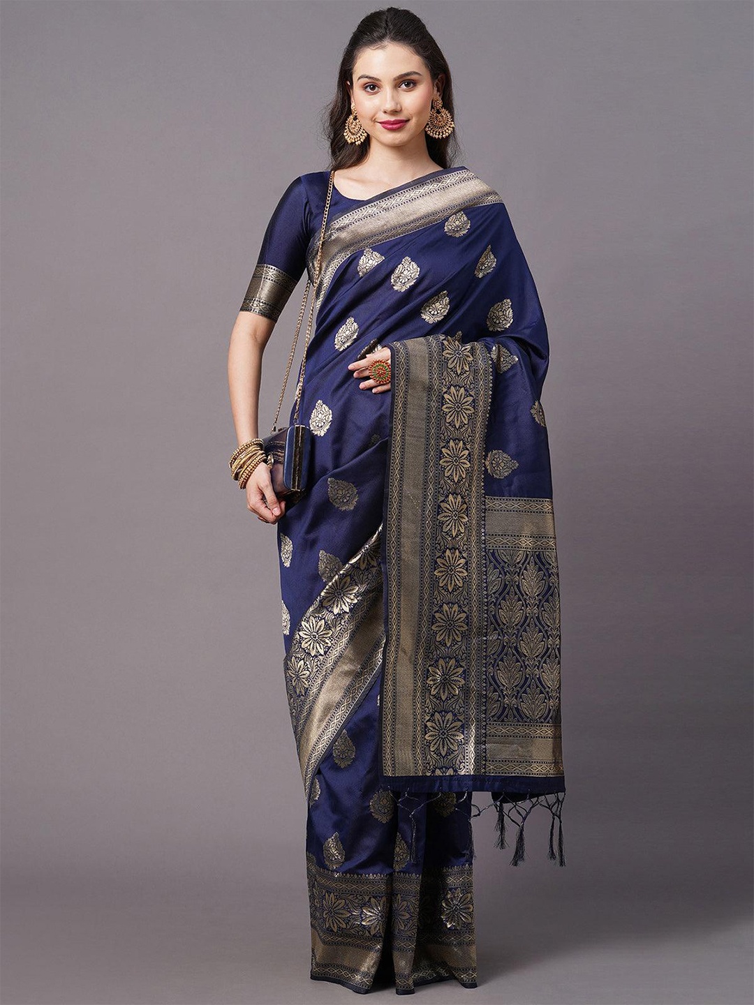 

ODETTE Ethnic Motif Woven Design Zari Saree, Navy blue