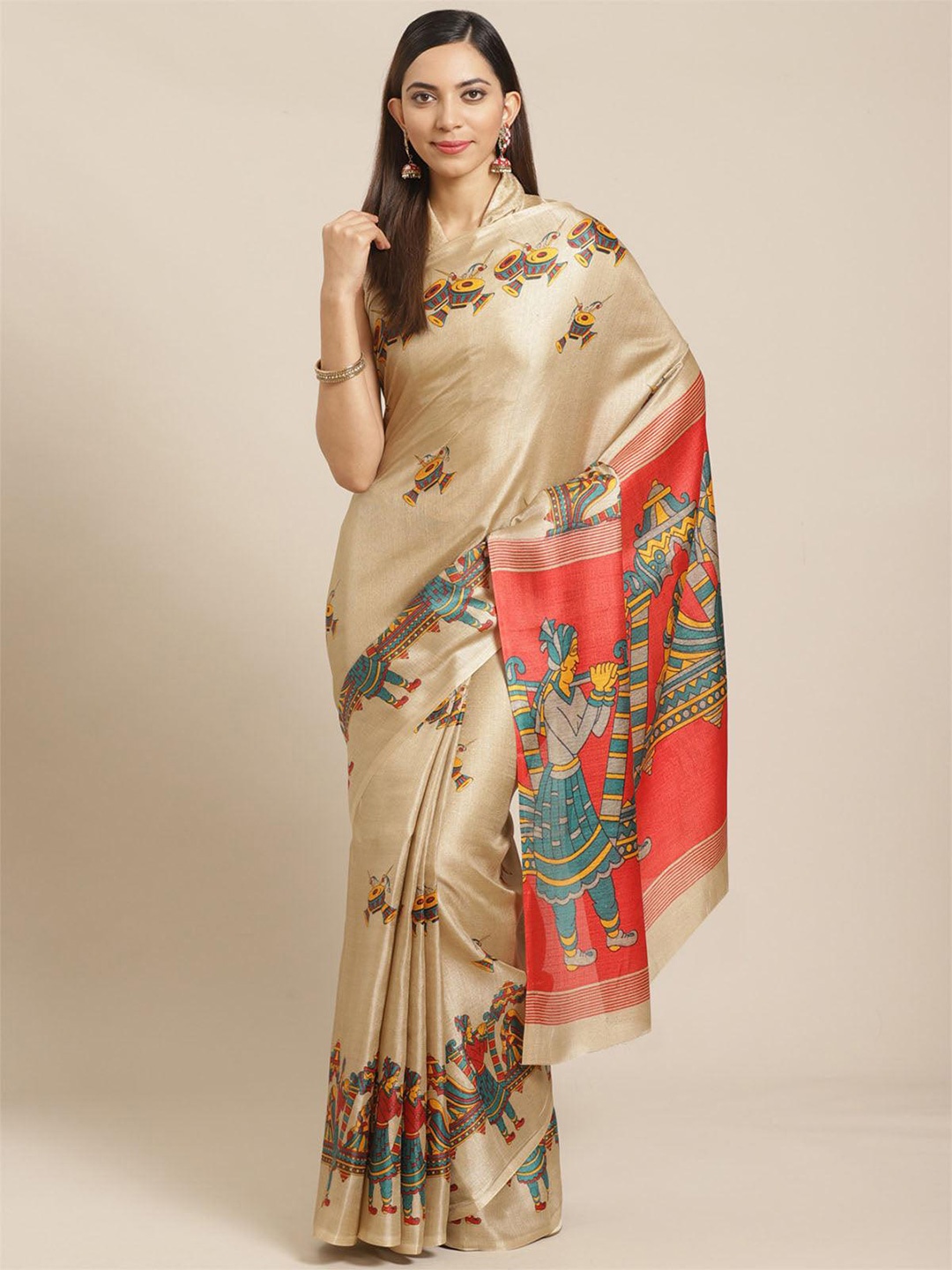 

ODETTE Ethnic Motifs Printed Bhagalpuri Saree, Beige