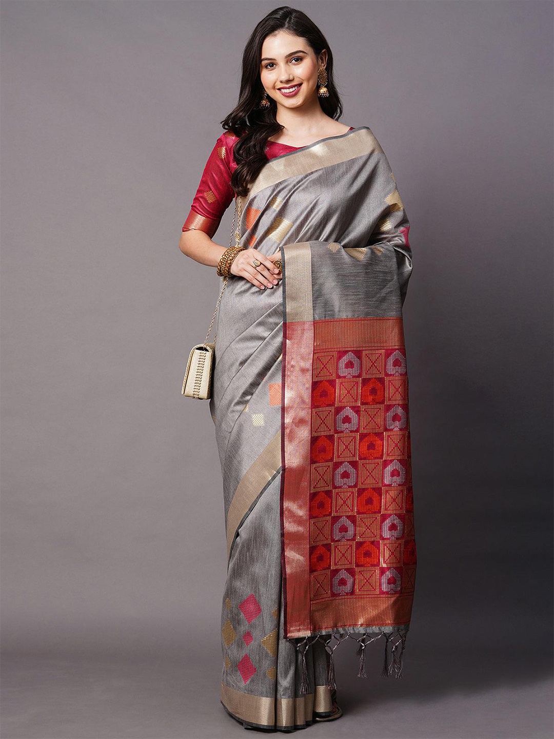 

ODETTE Geometric Woven Design Zari Saree, Grey