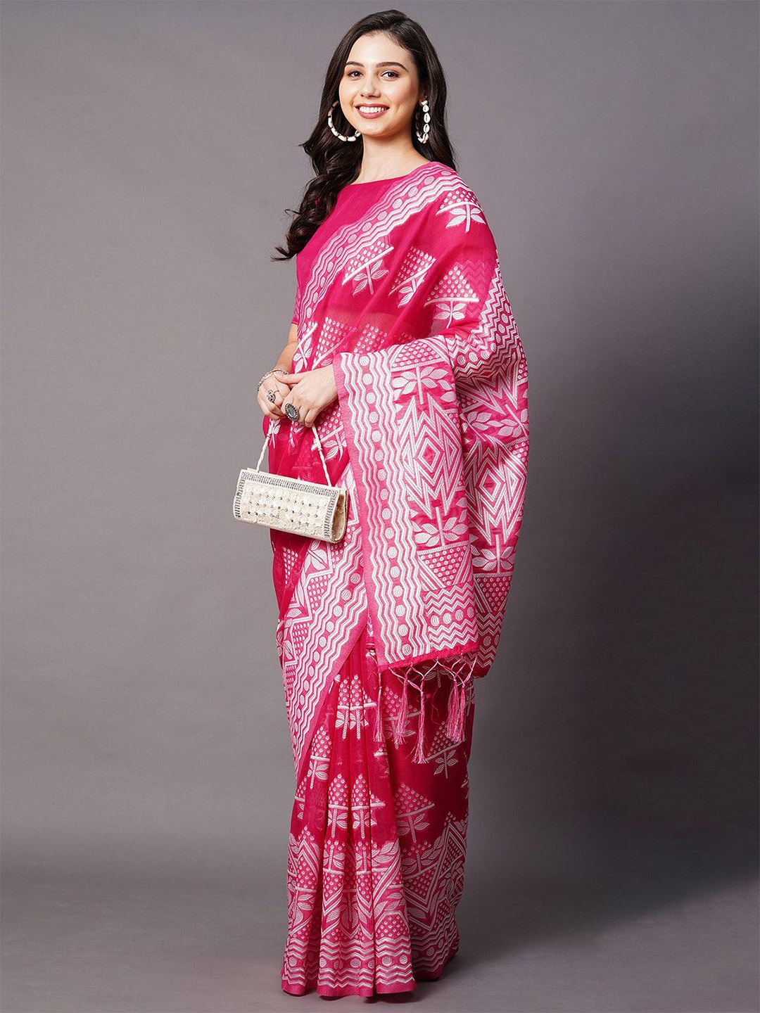 

ODETTE Ethnic Motifs Woven Design Zari Saree, Pink
