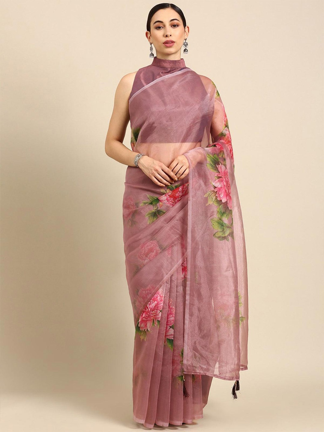 

ODETTE Floral Printed Organza Saree, Brown