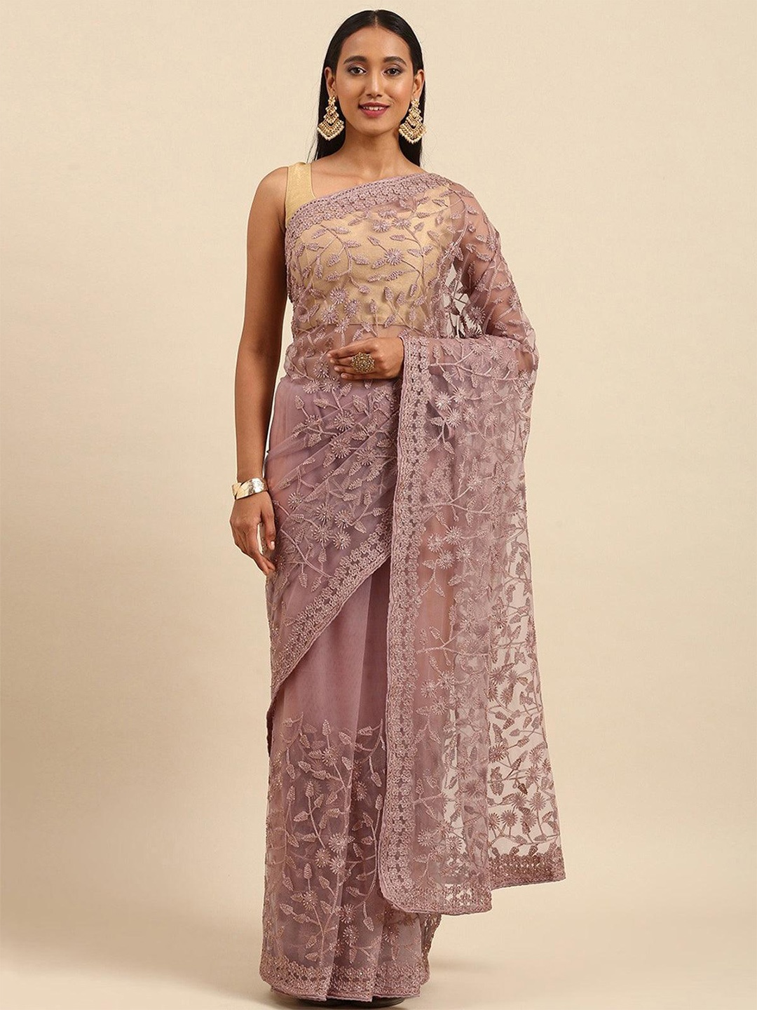 

ODETTE Floral Embellished Net Saree, Purple