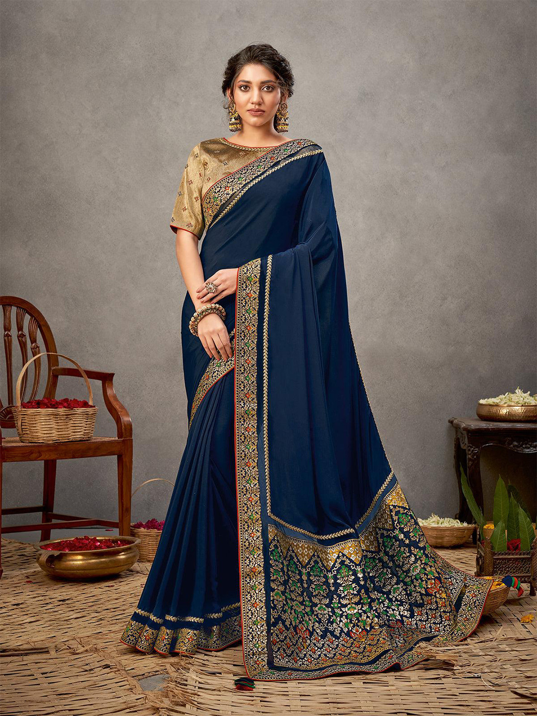 

ODETTE Satin Silk Saree, Blue
