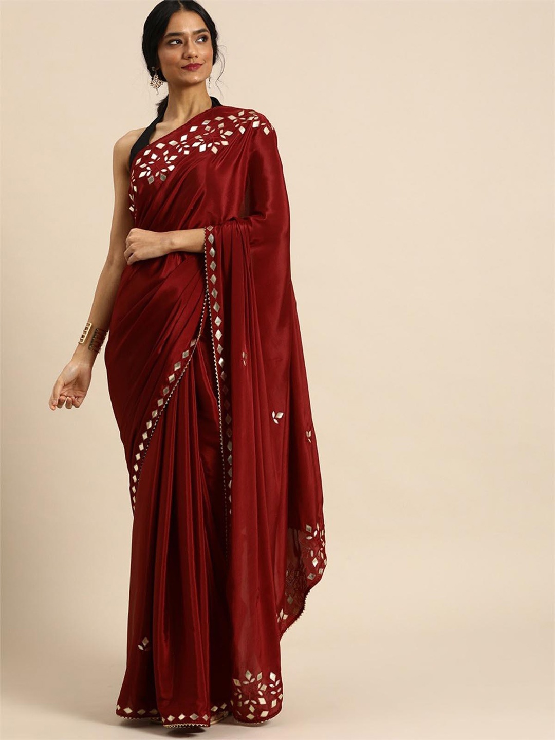 

ODETTE Mirror Work Satin Saree, Maroon