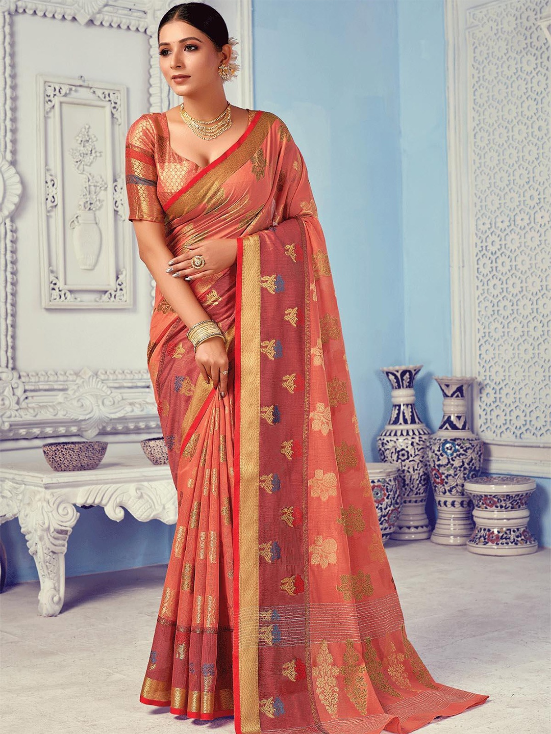 

ODETTE Ethnic Motifs Woven Design Zari Saree, Pink