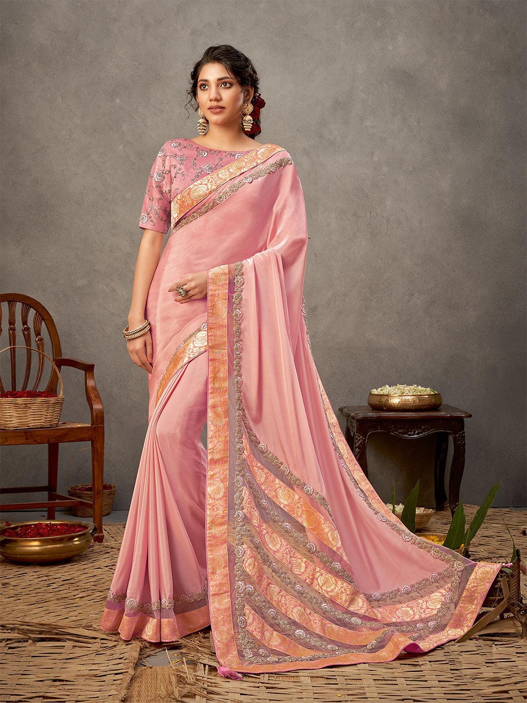 

ODETTE Woven Design Border Zari Saree, Peach