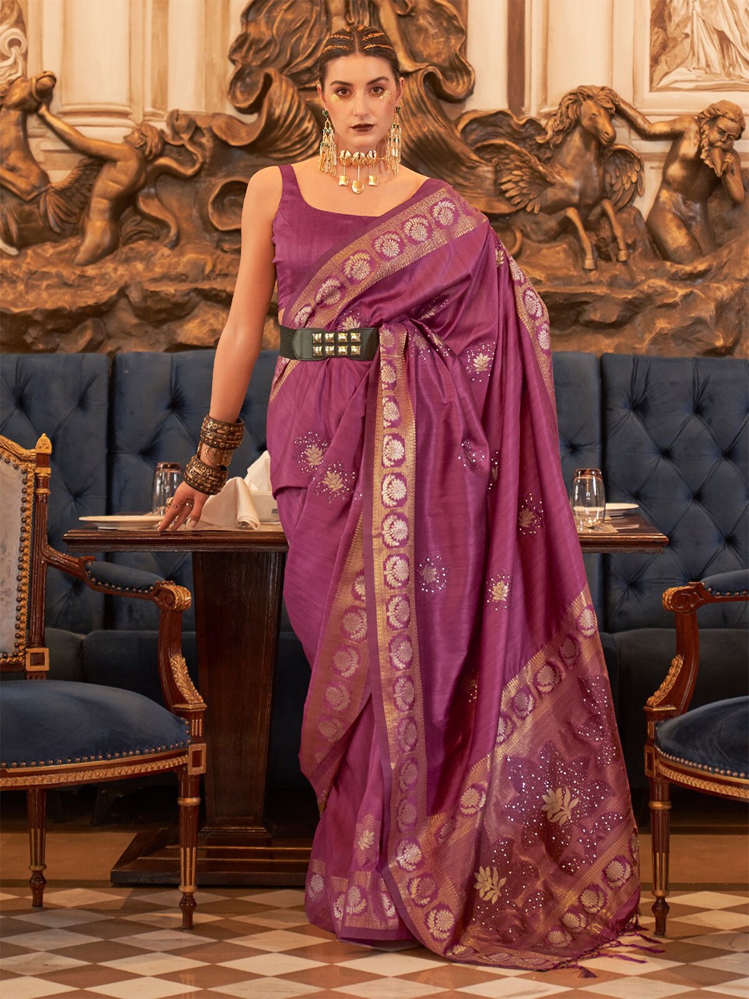 

ODETTE Ethnic Motifs Woven Design Zari Saree, Violet
