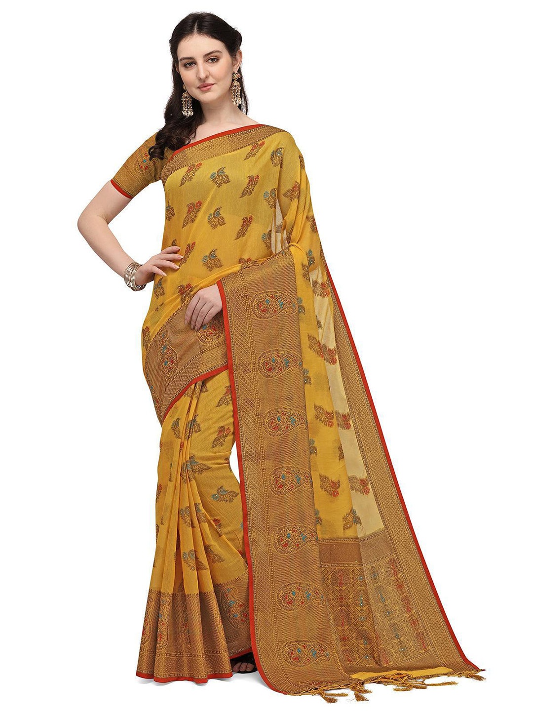 

ODETTE Ethnic Motifs Woven Design Zari Saree, Yellow