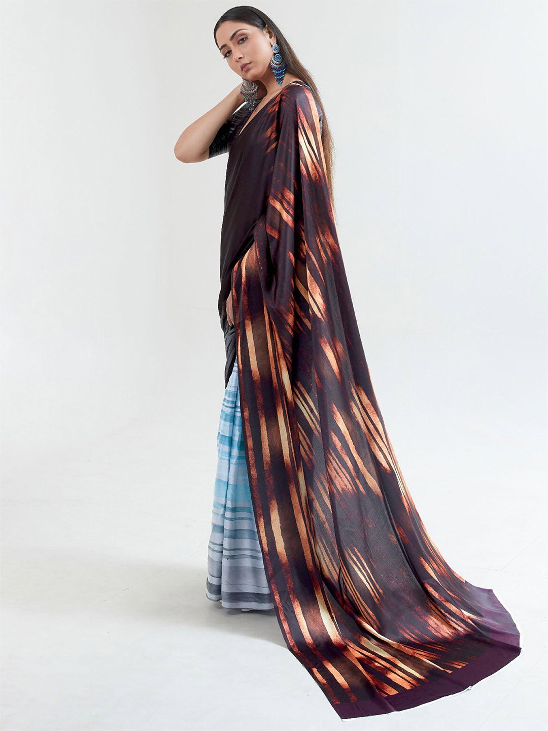 

ODETTE Abstract Printed Satin Saree, Brown