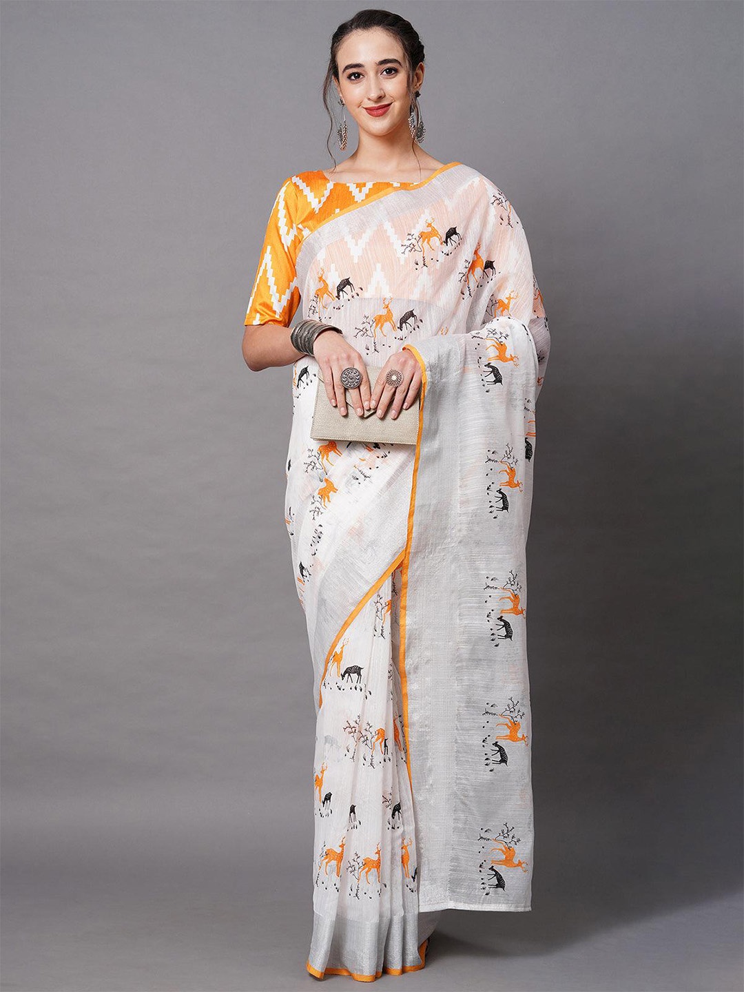 

ODETTE Ethnic Motifs Printed Zari Saree, White