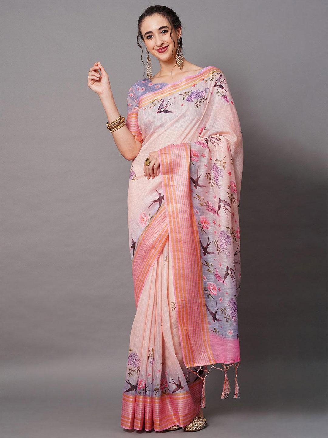 

ODETTE Floral Printed Festive Saree, Peach